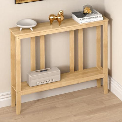 ELYKEN Bamboo 2-Tier Narrow Console Table, 36.2" Long Slim Hallway Table | Sofa Table Behind Couch with Storage Shelf for Entryway, Living Room, Foyer - color: Natural