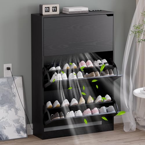 BORNOON Shoe Cabinet with Odor Control and Back Panels, Deodorizing Slim 3-Flip Shoe Storage Cabinet for Entryway, Freestanding Hidden Shoe Rack Organizer for Entrance, Hallway, Bedroom - color: Black, size: 3 Drawers-Deodorizing