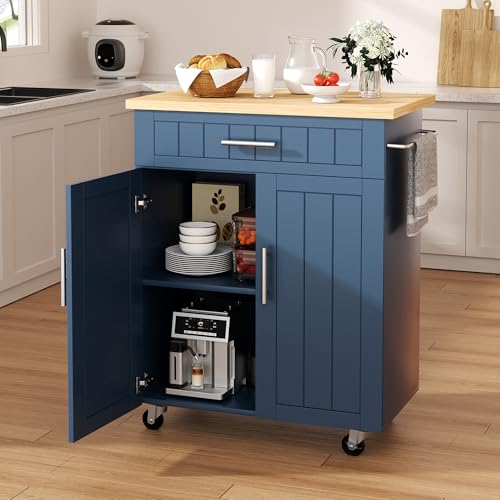 Shintenchi Kitchen Island cart with Storage, Portable Bar Cabinet on Wheels, Rolling Microwave Cart Side Table with Workstation for Kitchen, Dinning Room, Blue - color: Blue-26inch