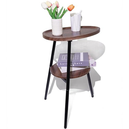 Side Table Small End Table, Oval Round Wood Sofa Table, 2 Tier Accent Table Nightstand Bedside Table with Metal Frame for Living Room, Bedroom, Small Spaces (Rustic Brown)