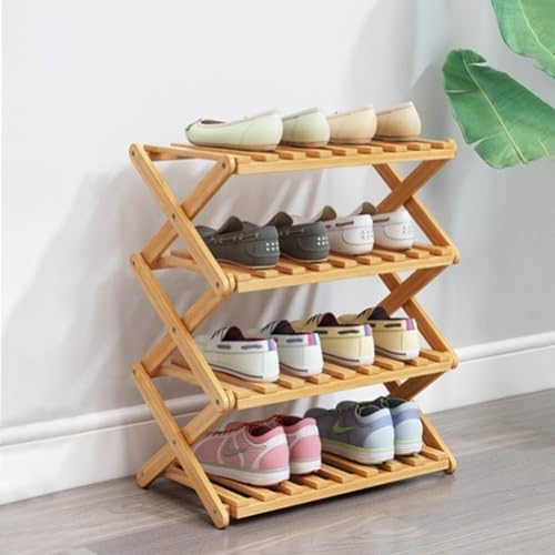 4 Tier Bamboo Shoe Rack,Portable Folding Shoe Storage Rack,Without Installation Small Shoe Rack Perfect for Corridors, Bedrooms and Small Spaces (4 Tier) - color: Natural, size: 4 Tier