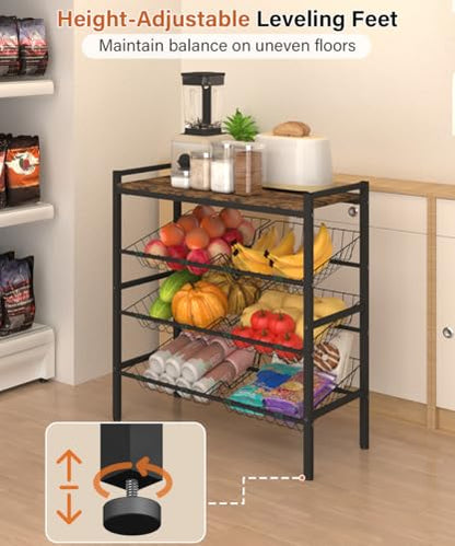 4-Tier Fruit and Vegetable Storage Rack with Wood Top & 6 Removable Baskets, Small Kitchen Island, Pantry Floor Organizer Stand Shelves for Onion Potato Snack Storage, Black - style: 6 Baskets-Black