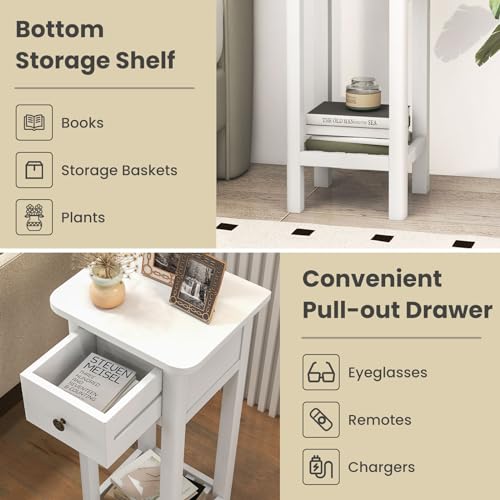 Giantex Narrow End Table with Drawer, Tall Acacia Wood Side Table with Bottom Shelf, Modern Bedside Tables, 2-Tier Nightstand for Small Spaces Bedroom Living Room, No Assemble Required, White - color: White