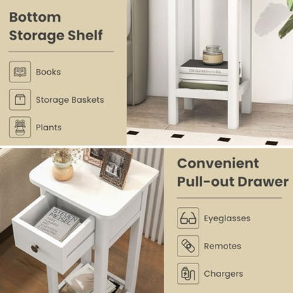 Giantex Narrow End Table with Drawer, Tall Acacia Wood Side Table with Bottom Shelf, Modern Bedside Tables, 2-Tier Nightstand for Small Spaces Bedroom Living Room, No Assemble Required, White - color: White