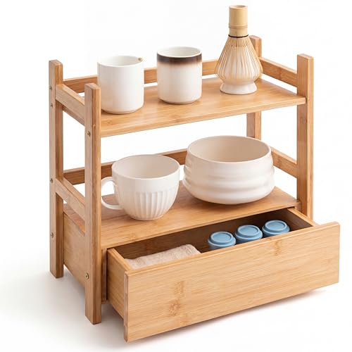 Chunful 2 Tier Matcha Station Bamboo Organizer with Hidden Drawer, Wood Home Coffee Station Organizer for Kitchen Countertops, Coffee Bars, Kitchen & Office Storage(13 L x 6.5 W x 12.6 H)(Natural) - color: Natural
