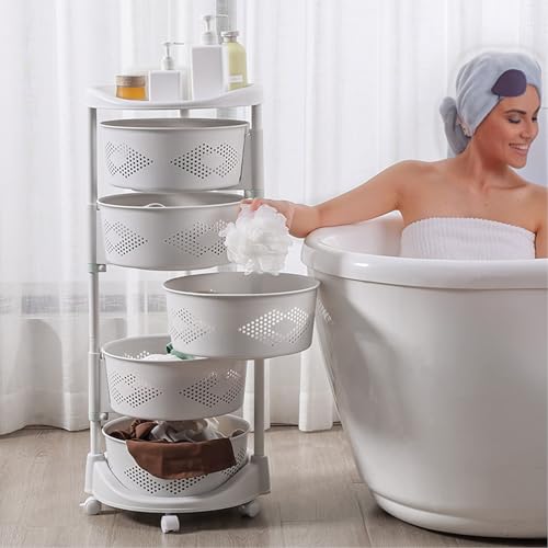 5 Tier Kitchen Storage Cart, Circular Rotating Basket Organizer Height Adjustable Fruit Vegetable Shelf, 360 Degree Lockable Wheels Hollow Mesh Rolling Storage Tower (White)