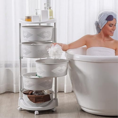 5 Tier Kitchen Storage Cart, Circular Rotating Basket Organizer Height Adjustable Fruit Vegetable Shelf, 360 Degree Lockable Wheels Hollow Mesh Rolling Storage Tower (White)