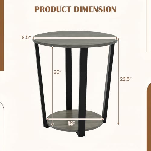 Giantex Round End Table, 2-Tier Side Sofa Table with Open Storage Shelf and Metal Frame, Industrial Nightstand Bedside Table for Living Room, Bedroom, Small Space, Accent Furniture (1, Oak) - color: Oak