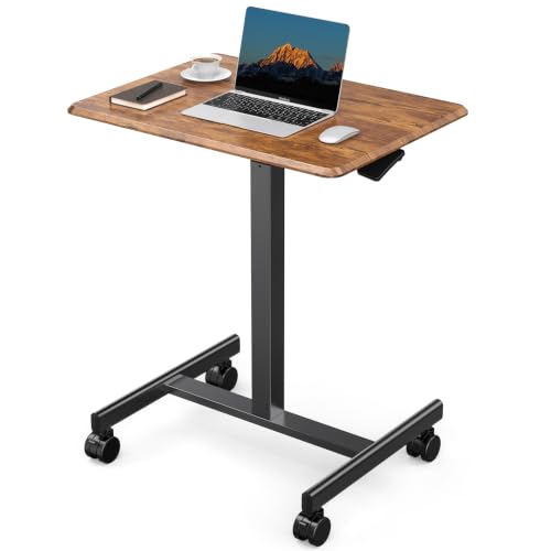 DUMOS Mobile Small Standing Desk, Laptop Desk, Home Office | Portable Rolling Design, 2 Lockable Wheels, Adjustable Height Computer Workstation, 19 Inch, Brown - color: Chocolate