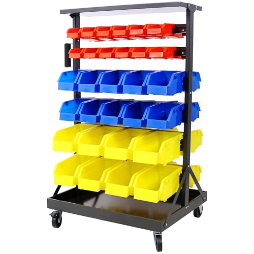 6-Tier Dual-Sided Rolling Bin Rack, Heavy Duty Steel Organizer Shelf with Locking Casters & 60 Bins, 350 lbs Capacity for Garage, Workshop & Hardware Tools (6-Tiers) - size: 6-Tiers