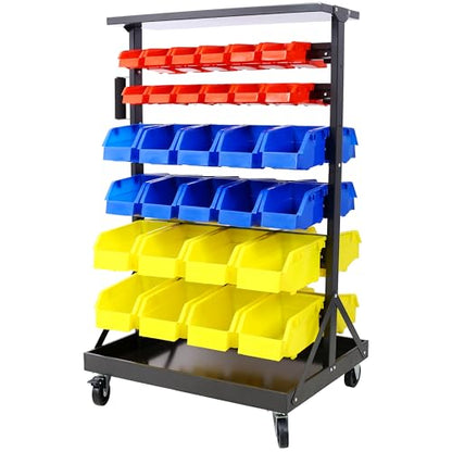 6-Tier Dual-Sided Rolling Bin Rack, Heavy Duty Steel Organizer Shelf with Locking Casters & 60 Bins, 350 lbs Capacity for Garage, Workshop & Hardware Tools (6-Tiers) - size: 6-Tiers
