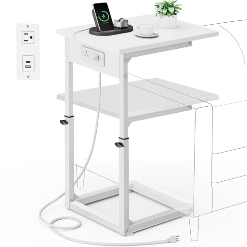 Vagusicc C Shaped End Table with Charging Station, C Table End Table Adjustable Height Sofa Table, Side Table for Couch, Couch Table that Slide Under, TV Tray Arm Table for Living Room,Bedroom, White - color: White, style: Charging Station