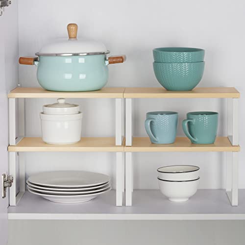 Counter Shelves Set of 4 Stackable Kitchen Cabinet Organizer Shelf and Expandable Wood Countertop Shelves for Bathroom Study Room, White | Expandable Wood Countertop Shelves, for Bathroom, Study Room, Home Office - color: White