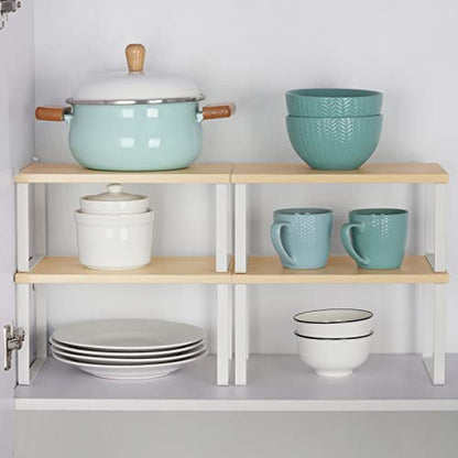 Counter Shelves Set of 4 Stackable Kitchen Cabinet Organizer Shelf and Expandable Wood Countertop Shelves for Bathroom Study Room, White | Expandable Wood Countertop Shelves, for Bathroom, Study Room, Home Office - color: White