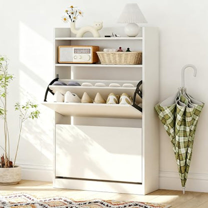 Giantex Shoe Cabinet with 2 Flip Drawers, Freestanding Narrow Shoe Organizer Cabinet with 2 Open Shelves, Slim Shoe Storage Cabinet for Entryway, Hallway, Foyer, White