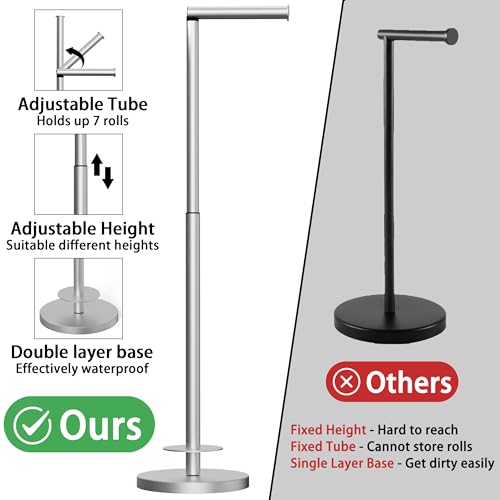 Toilet Paper Holder Stand 1 pc, Height Adjustable, Reserve Tissue for 6 Spare Rolls, Bathroom Storage, Rustproof with SUS304 Stainless Steel (Brushed Nickel) - color: Nickel Brushed