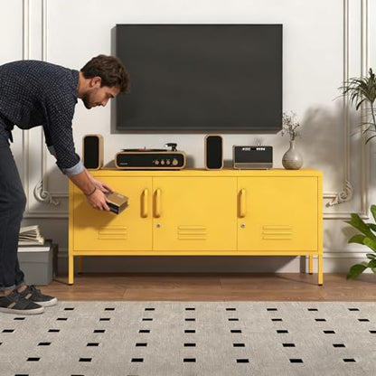 3 Door Lockable Metal TV Stand Storage Cabinet with Accent Cabinet Locker, Wide Heavy Duty Media Console for Large 100+ Inch TVs, Home Office Entertainment Center, Yellow 22"H X 47.3"W X 13.8"D - color: Mustard, style: TV stand-22"H-LM