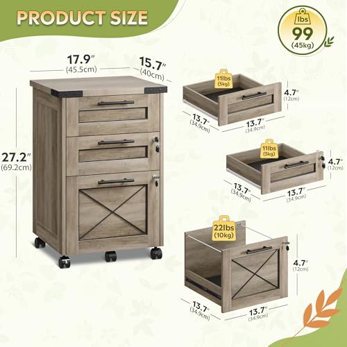 DEVAISE 3-Drawer File Cabinet with Hanging Files, Mobile Rolling Storage Cabinet for Home Office, Printer Stand, Farmhouse Style, Gray Oak - color: Gray Oak, style: 3 Drawer