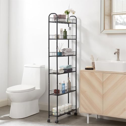 6 Tier 6in/10in Slim Rolling Storage Cart, Mobile Shelving Unit with Wheels, Metal Wire Storage Shelving Rack with Baskets for Kitchen Bathroom Office Laundry Narrow Places