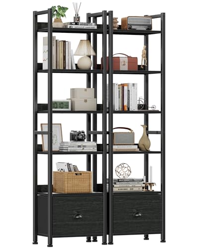 Furologee Book Shelf Set of 2, 6 Tier Tall Shelf with Drawer, Bookshelves and Bookcases Set of 2, Industrial Display Shelving Unit for Bedroom, Living Room, Home Office, Black Oak - color: Black Oak, size: 6 Tier-2 PCS