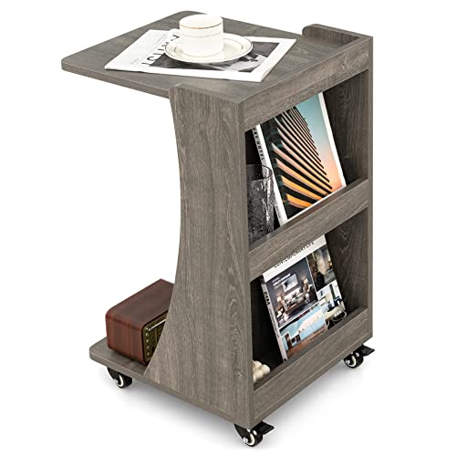 Tangkula C-Shaped End Table, Small Sofa/Couch Side Table Snack Table with 3-Tier Back Compartment, Wheels with Brakes, Modern Rolling Nightstand for Living Room, Bedroom, Small Space (1, Grey)