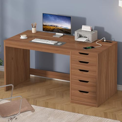 YOMILUVE 47 Inch Computer Desk with 5 Drawers and Power Outlets, Home Office Desks with Storage File Cabinet, Modern Simple Laptop Desk Writing Table for Small Spaces, Brown - color: Brown