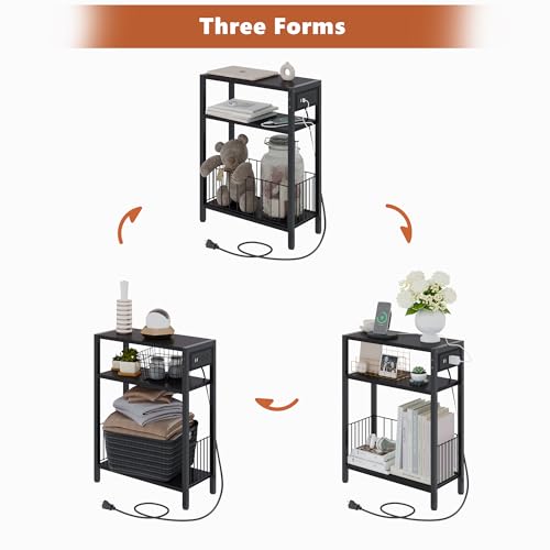 TRIFEBLE Narrow Side Table with Charging Station, Small End Table for Small Spaces, Slim Nightstand with Storage Basket, 3 Tier Skinny Bedside Table for Living Room, Bedroom, Black - color: Black, style: With Basket & Power