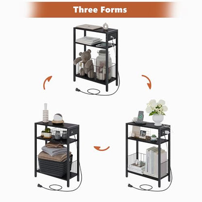 TRIFEBLE Narrow Side Table with Charging Station, Small End Table for Small Spaces, Slim Nightstand with Storage Basket, 3 Tier Skinny Bedside Table for Living Room, Bedroom, Black - color: Black, style: With Basket & Power