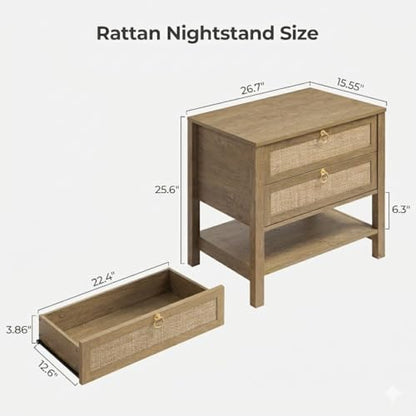 SICOTAS 26.7" Wide Rattan Nightstand with 2 Drawers & Open Shelf End Table | Large Night Stand with Storage Shelf, Coastal Boho Bedside Table for King Bed, Bedroom, Guest Room, Apartment, and End Table - color: Light Walnut