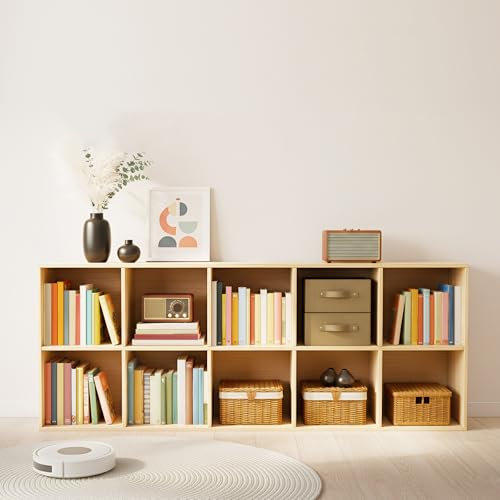 10 Cube Bookcase, 2-Tier Solid Wood Storage Organizer, Floor Standing Display Cabinet Bookshelf with Back Panels, Open Shelf for Bedroom, Living Room, Office 59"W X 11.8"D X 23.6"H (Wood)