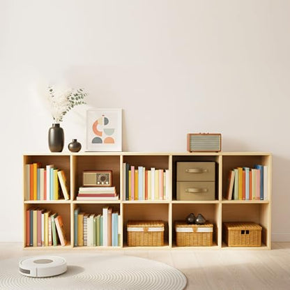 10 Cube Bookcase, 2-Tier Solid Wood Storage Organizer, Floor Standing Display Cabinet Bookshelf with Back Panels, Open Shelf for Bedroom, Living Room, Office 59"W X 11.8"D X 23.6"H (Wood)