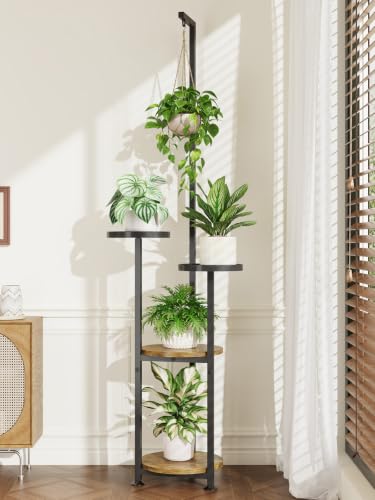 iDavosic.ly 4 Tier Hanging Plant Stand Indoor, Tall Vertical Corner Metal Flower Heavy Duty Pot Holder Shelf for Patio Porch Living Room, Modern Black & Rustic Brown - Round - color: Black with Hanging, size: 4 Tiers