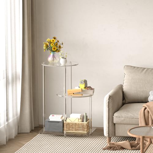 Clear Acrylic 3-Tier Round Side Table, Modern Step End Table Nightstand or Plant Stand for Living Room, Bedroom, or Entryway, 16.7" L x 11.8" W x 22.8" H (Round)