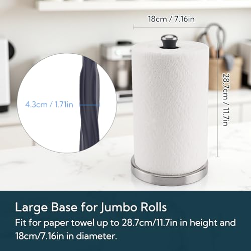 KITCHENDAO One-Handed Countertop Paper Towel Holder, Rotation Freestanding Kitchen Paper Holder Stand, Stainless Steel Paper Roll Holder with Weighted Base High-Adhesion Pad Sticker