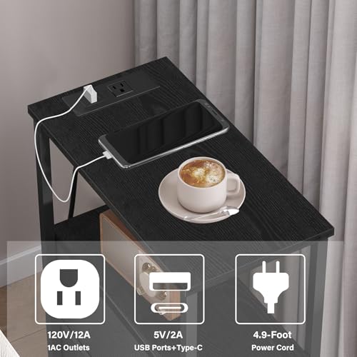 TUTOTAK Narrow Night Stand with Charging Station, Slim End Table | Tall Side Table with 3 Fabric Drawer, Small Bedside Table with Storage, Living Room, Bedroom, Black TB01BK086 - color: Black, size: 1 Pack (3 Drawers), style: With Plug