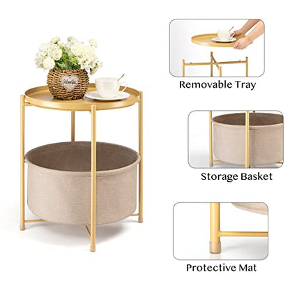 danpinera Side Table with Storage Basket, Small Round Table for Living Room | Metal Bedside Stand with Removable Serving Tray, Modern Nightstand for Small Space, Living Room, Bedroom, Nursery, Yellow - color: Pale Yellow