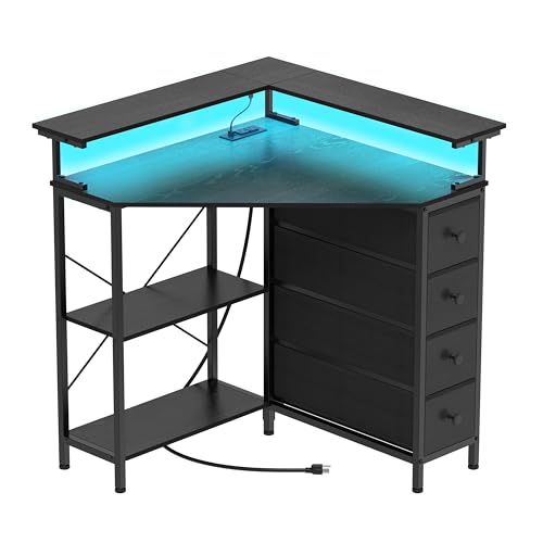 VENNQD Corner Desk with Drawers Shelves for Small Space 90 Degrees Triangle Computer Desk with Power Outlets,Gaming Desk with LED Lights Monitor Stand for Home Office Workstation Writing Table (Black) - color: Black