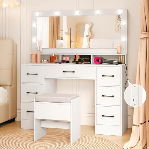 CHARMAID Vanity Desk with Mirror and Lights, Charging Station & Storage Stool, White Makeup Vanity Table with 7 Drawers, 3 Open Cubbies, 46.5" Large Modern Dressing Table with Chair for Bedroom - color: White, size: 46.5"W (With Stool)