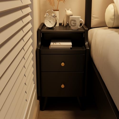 AQIMUELE Wood Nightstand, Black Nightstand with 2 Drawers, Bedside Table for Bedroom - color: 1 Pc(black), size: 15.74''D*15.74''W*19.68''H