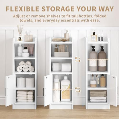 Narrow Bathroom Storage Cabinet with Door & Adjustable Shelf, 9.8" W Slim Storage Cabinet for Small Spaces, Skinny Toilet Paper Cabinet, 9.8" W × 7.9" D × 29.5" H, White - size: 1 Door