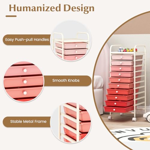 DREAMADE Rolling Cart with Storage Drawers, Utility Cart with Removable Plastic Drawers, Lockable Wheels, Art Cart for Classroom Organization Art Supplies Office Scrapbook (10 Drawers, Mixed-pink) - color: Mixed-pink, style: 10 Drawers
