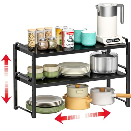 X-cosrack 12" Wide 100LBS Loading-Bearing Heavy Duty Kitchen Storage Shelf, Expandable Cabinet Shelf Organizer, Stackable Adjustable Storage Shelves for Kitchen Cabinet Cupboard Pantry Counter - color: Black, size: 2 Pack: 25.5"L (12" Wider +100LBS Load-b