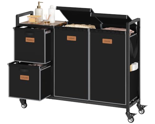 Hoctieon 4 Section Laundry Cart, 52.8 Gal. (200L) Laundry Hamper with Lid, Laundry Basket with Wheels, Rolling Laundry Sorter Organizer with Shelf, Clothes Separator with Removable Bags, Black - color: Black