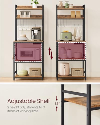 VASAGLE Bakers Rack with Power Outlet, Microwave Stand, Kitchen Tall Utility Storage Shelf, with Metal Wire Panel, 14 Hooks, 15.7 x 23.6 x 66.9 Inches, Rustic Brown and Ink Black UKKS037B01 - color: Rustic Brown + Ink Black, size: 23.6"W