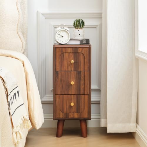 Narrow Nightstands with 3 Drawers, Wooden Farmhouse Bedside Tables, Slim End Tables with Storage, Small Night Stand for Bedroom, Living Room, Small Spaces - color: Walnut-1pcs, size: 3 Drawers