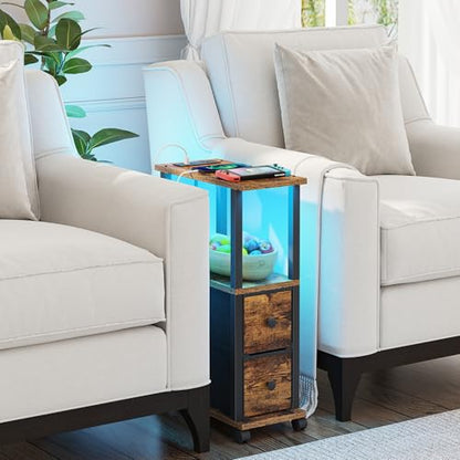 TUTOTAK Small Narrow End Tables, LED Side Tables with 2 Fabric Drawers, Set of 2, Bedside Tables with Charging Station for Small Spaces, Slim Nightstands with USB Ports and Wheels, TB01BB053CL - color: Brown and Black, style: with LED Light & Outlets