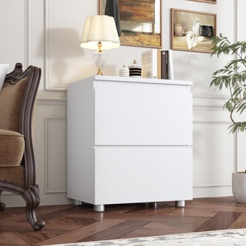 Modern Nightstand with 2 Drawers, Modern Handleless Bedside Table for Small Spaces, Compact Wood End Table for Bedroom, White 15.7" W x 11.6" D x 18.9" H