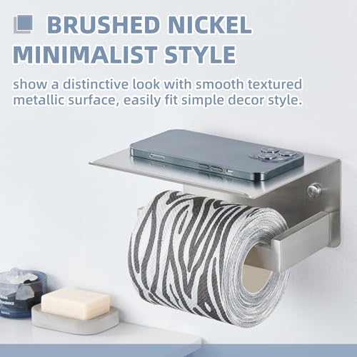 APLusee Brushed Nickel Toilet Paper Holder with Shelf, Left Side 304 Stainless Steel Tissue Roll Hanger, Wall Mounted - color: Brushed Nickel