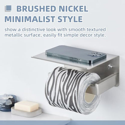 APLusee Brushed Nickel Toilet Paper Holder with Shelf, Left Side 304 Stainless Steel Tissue Roll Hanger, Wall Mounted - color: Brushed Nickel