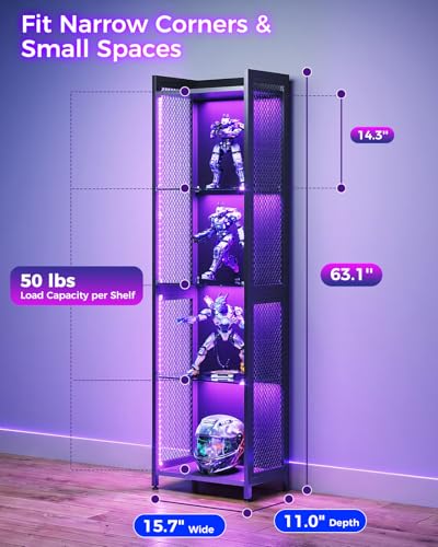 AODK Display Case with LED Lights, Display Cabinet with Open Glass Shelves for Small Space, 4-Tier Corner Display Shelf with Industrial Mesh, Curio Cabinet for Collectibles, Bookcase - size: 63 Inch